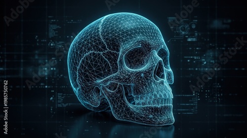 Wireframe human skull isolated, precise geometric lines and futuristic anatomical study aesthetic, ultra-realistic, no logos.