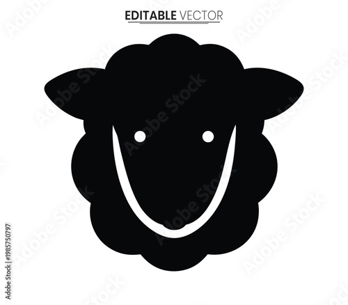 Simple black sheep head icon with a smiling face vector graphic silhouette