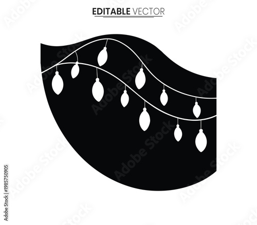 Festive string lights hang against a dark abstract shape silhouette