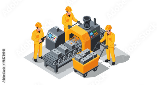 Isometric illustration of three workers operating industrial machinery in yellow uniforms