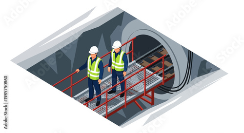 Isometric view of two construction workers wearing hard hats and safety vests standing on a red metal scaffolding inside a tunnel with a dark background.