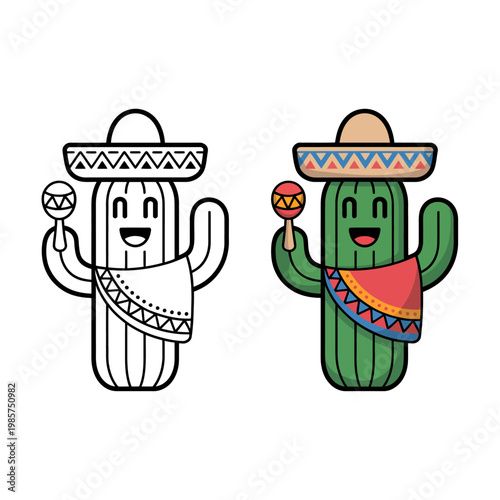 Mexican cactus mascot with maraca and sombrero in line art and color vector versions