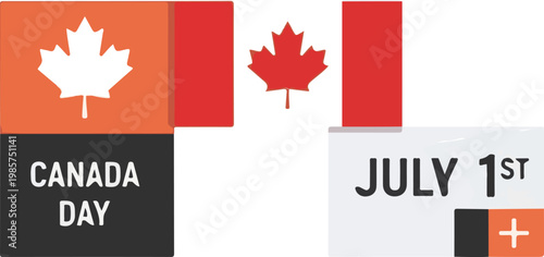 Minimalist graphic design featuring a stylized red maple leaf and bold typography to celebrate the Canadian national holiday event yearly