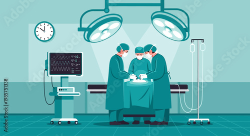 Illustration of surgeons performing surgery in a modern operating room with medical equipment and a calming blue color scheme.