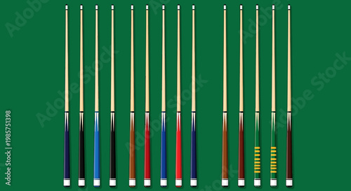 Close-up of colorful pool cues lined up on a green felt table