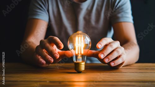 Person holding hands around a glowing vintage edison light bulb on a dark wooden office table desk