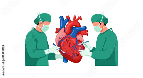 Illustration of two surgeons in green scrubs examining a human heart model with blue and red details on a white background.