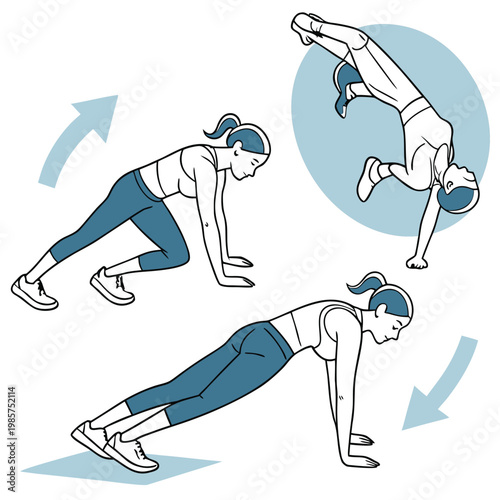 Fitness routine - woman performing dynamic exercises, incl. mountain climbers