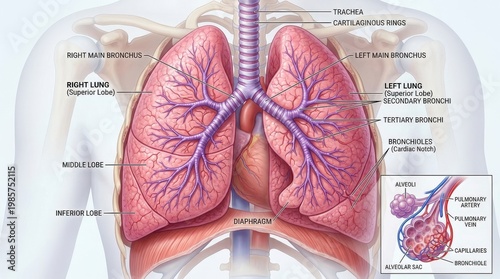 Detailed pink human lungs with branching purple bronchi, trachea and alveoli, lifelike anatomical structure and vivid medical-science clarity, ultra-realistic, no logos.