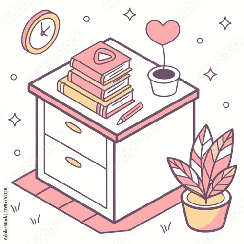 Isometric bedside table with books and heart plant.