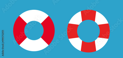 Simple red and white Lifebuoy Swimming Ring Flat Vector Illustration Set. 
Summer Beach Safety Rescue Float Summer Clipart. 
