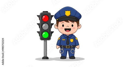 Cartoon police officer standing beside a traffic light with green signal