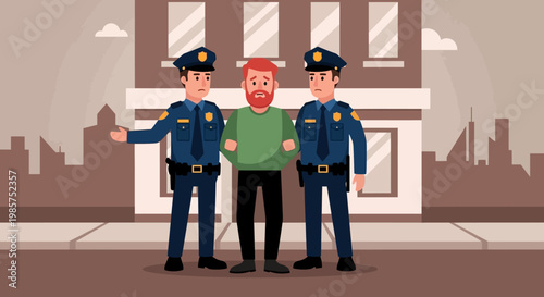 Illustration of two police officers arresting a man on a city sidewalk