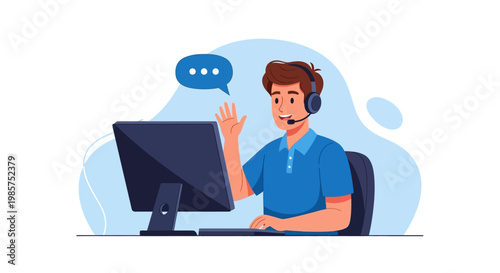 Illustration of a young man wearing a headset waving at a computer screen with a speech bubble against a light blue background.