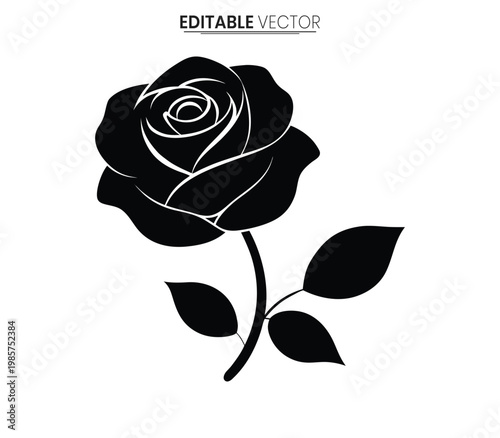 A detailed black rose blossom with stem and leaves vector silhouette