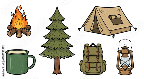 Camping essentials vector set with tent, campfire, and backpack