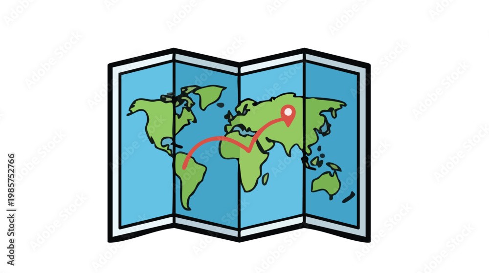 Fototapeta premium Folded world map with travel route marked by red line