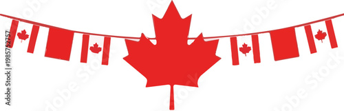 Decorative string of Canadian flags and a large red maple leaf symbol hanging isolated against a plain white background