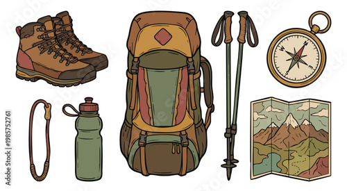 Hiking equipment set with backpack, boots, compass, and trekking poles
