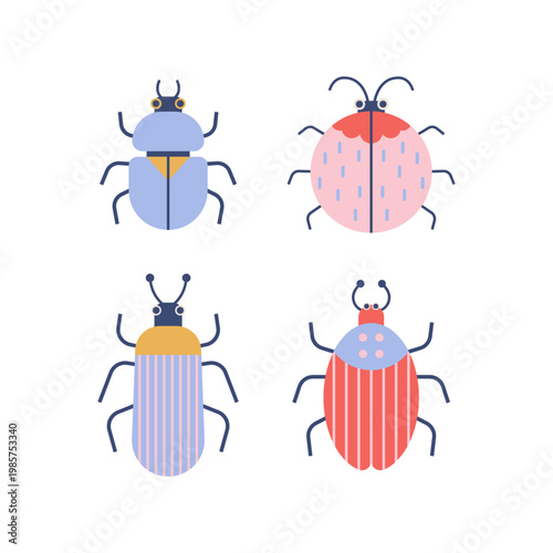 Cute insect bug flat vector illustration. Bugs and beetles character set. Minimal nursery kids doodle sticker and print. Colorful forest creature isolated top view for summer design.