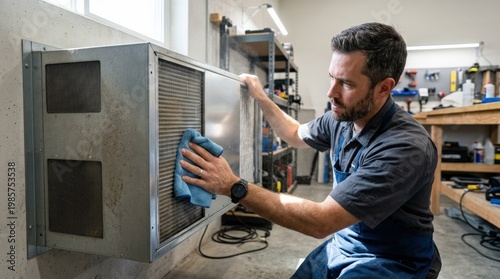 A man cleaning with a microfiber cloth near an air filter, dust particles, practical hand movement and restored clarity, bright task lighting with a fresh purposeful atmosphere, ultra-realistic, no