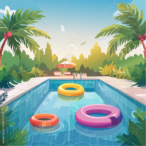 Eine lebendige Poolszene mit klarem, glitzerndem Wasser, in dem bunte Schwimmreifen in verschiedenen Formen und Farben treiben