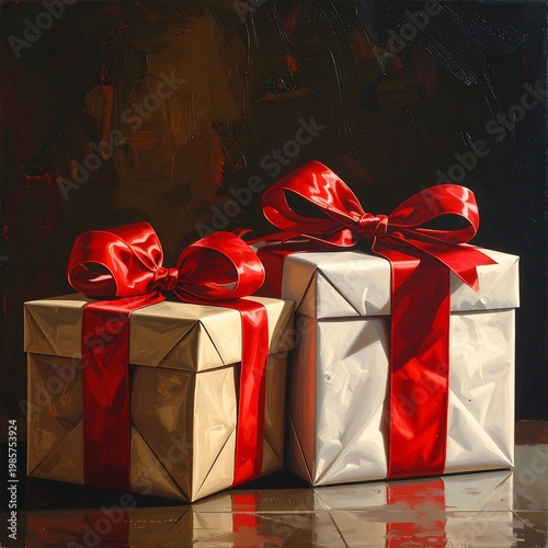 Two elegantly wrapped gifts with red ribbons