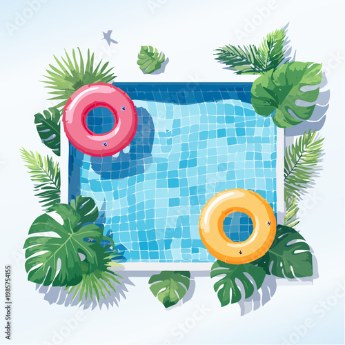 Eine lebendige Poolszene mit klarem, glitzerndem Wasser, in dem bunte Schwimmreifen in verschiedenen Formen und Farben treiben