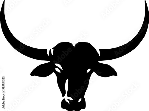 A majestic water buffalo stands alone in a pristine white space, its deep brown skin contrasting sharply with the stark backdrop of its massive, sweeping horns