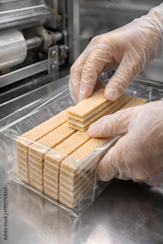 worker do packaging wafer Snack  on a machine