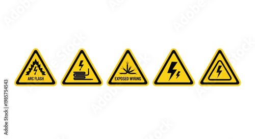 Collection of five yellow triangular warning signs indicating electrical hazards and safety precautions