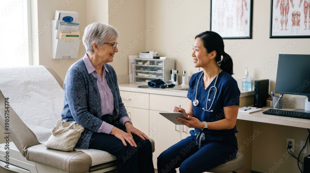 Fototapeta premium A senior woman visiting a doctor for a medical consultation, clean exam room, attentive interaction and soft clinical light, reassuring healthcare atmosphere, ultra-realistic, no logos.