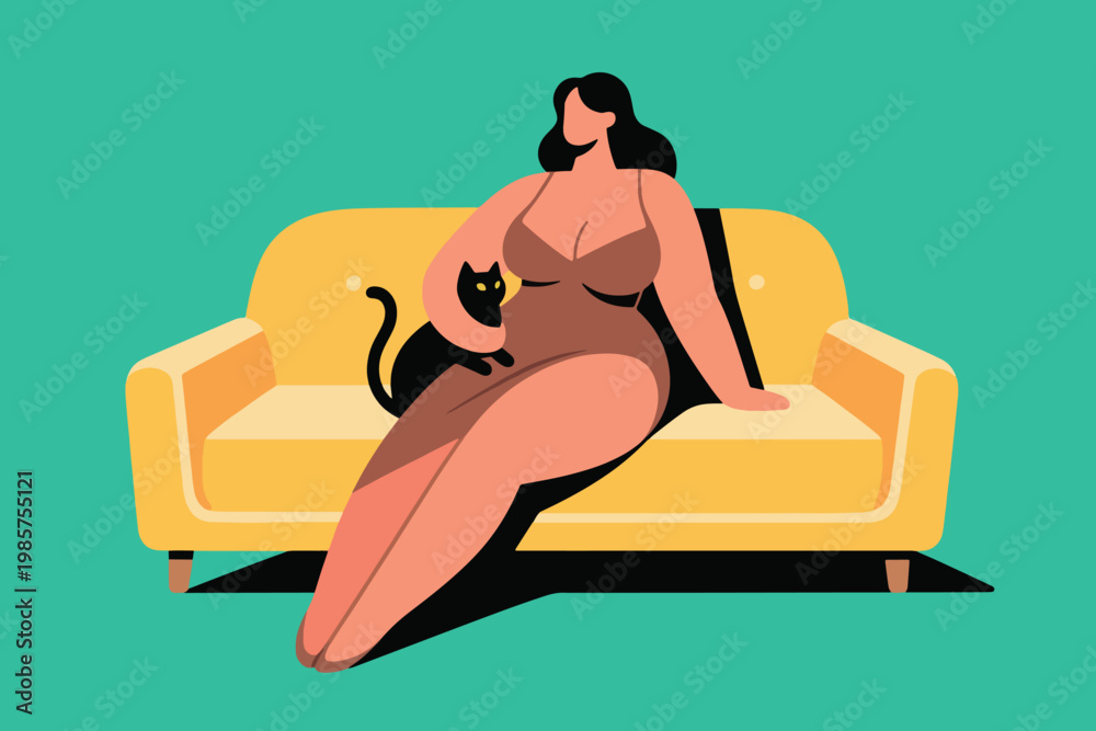 Fototapeta premium Flat Vector Woman Sitting On Sofa Accompanied By Black Cat Illustration Creative Design Template 
