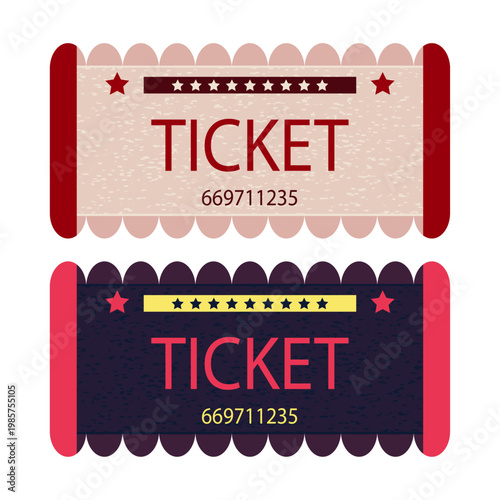 Retro ticket vector set in vintage flat style, admission coupons with stars and serial numbers isolated on white background