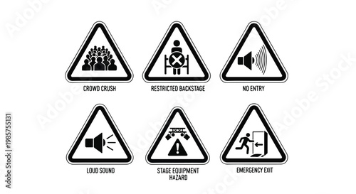 Collection of six black and white warning signs for event safety including crowd crush, restricted backstage, no entry