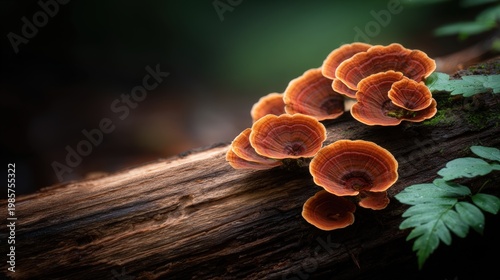 A close-up view of vibrant orange mushrooms growing on a decaying log, surrounded by lush green ferns, This image is perfect for nature-related projects, ecological studies