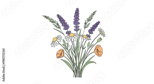 Bouquet of colorful flowers and lavender.