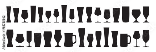 Vector set of wine glasses. Many types red and white wine glasses.	