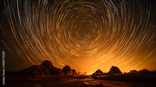 Golden desert night sky with circular star trails and amber horizon in cinematic landscape