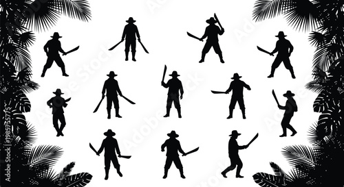 Silhouette collection of jungle explorers and adventurers holding machetes framed by tropical palm leaves in a flat vector illustration style