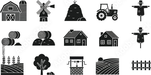 Collection of Black and White Farm Icons Including Barn Windmill Tractor Haystack Scarecrow Farmhouse Wheat Field and Rural Countryside Elements for Graphic Design