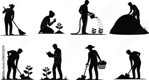 Collection of black vector silhouettes depicting people engaged in various gardening activities like planting, watering, digging, and harvesting on white background