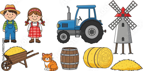 Cute cartoon farm vector illustration set featuring a boy and girl farmer, blue tractor, windmill, hay bales, cat, and wheelbarrow isolated on white