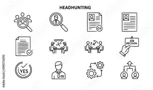 Headhunting recruitment outline icon set hiring vector