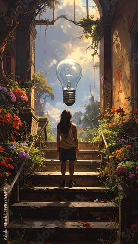 A woman stands on stairs with a lightbulb and flowers