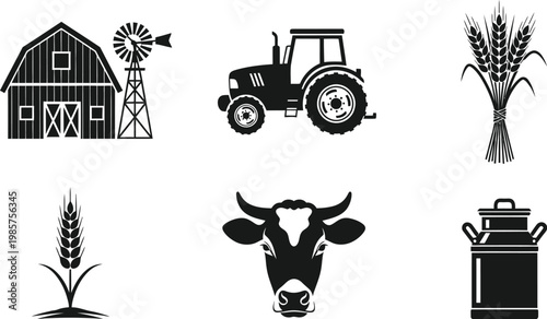 Set of black and white flat vector icons featuring a farm barn windmill tractor wheat stalks cow head and milk can for agricultural design