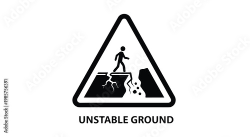 Warning sign indicating unstable ground with a person walking carefully across a cracked and collapsing surface