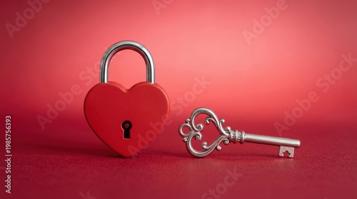 Heart-shaped red padlock with an ornate antique silver key on a red surface security relationship togetherness