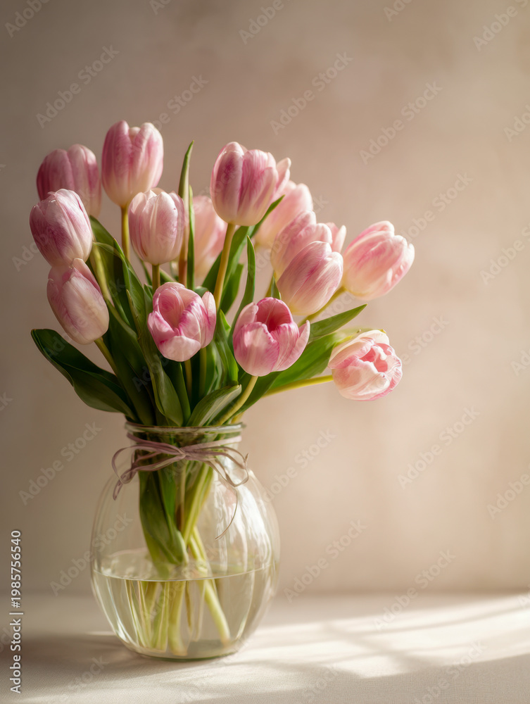 Obraz premium A delicate bouquet of soft pink tulips arranged in a clear glass vase with natural light casting gentle shadows on a neutral background surface