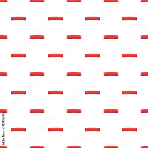 Red curved fabric tags with stitches repeating on a white background creating a seamless pattern